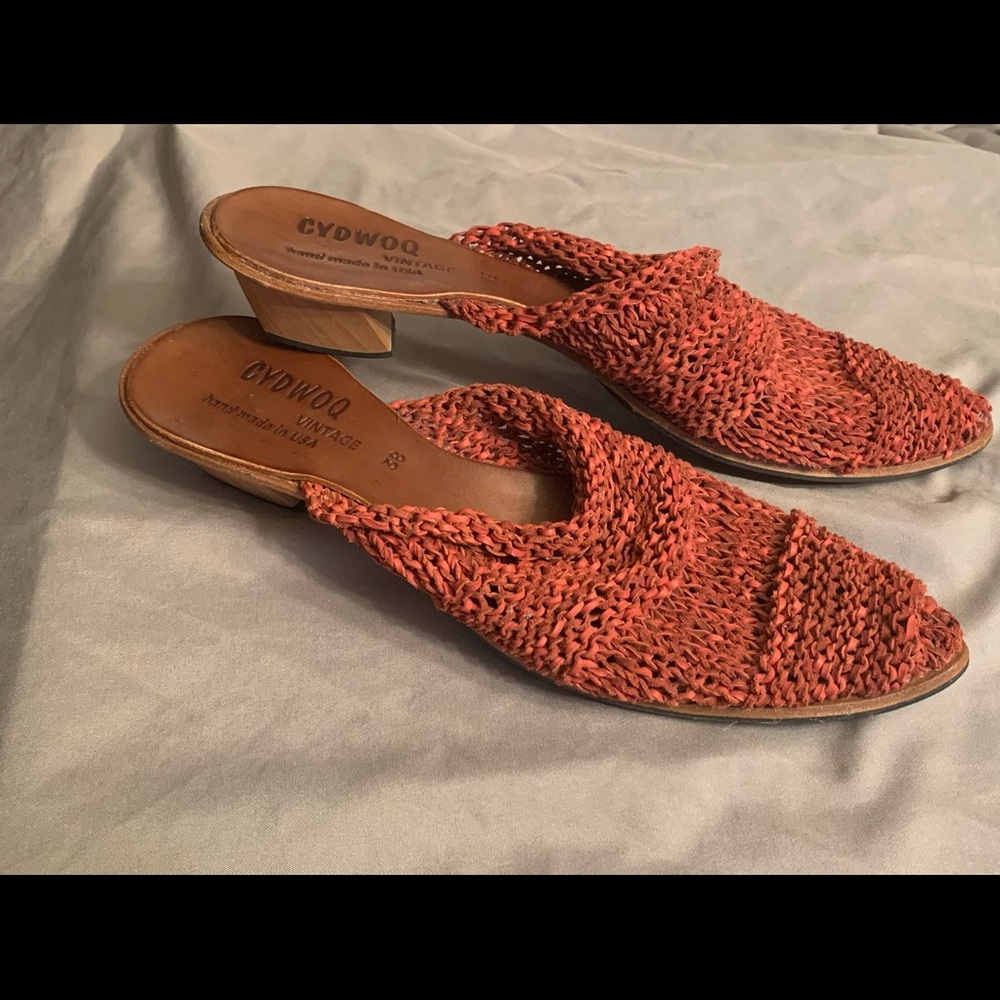 Gorgeous custom-made Cydwoq burnt-orange slip on mules.